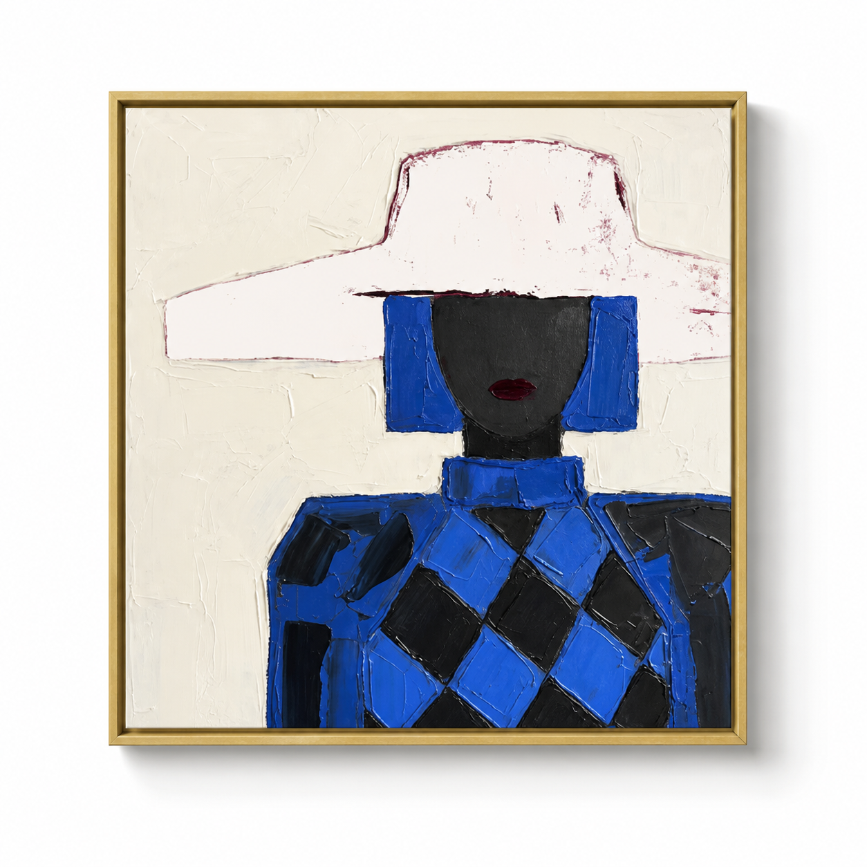 Cobalt Avant-Garde - Blue Diamond Pattern & White Hat Lady Painting