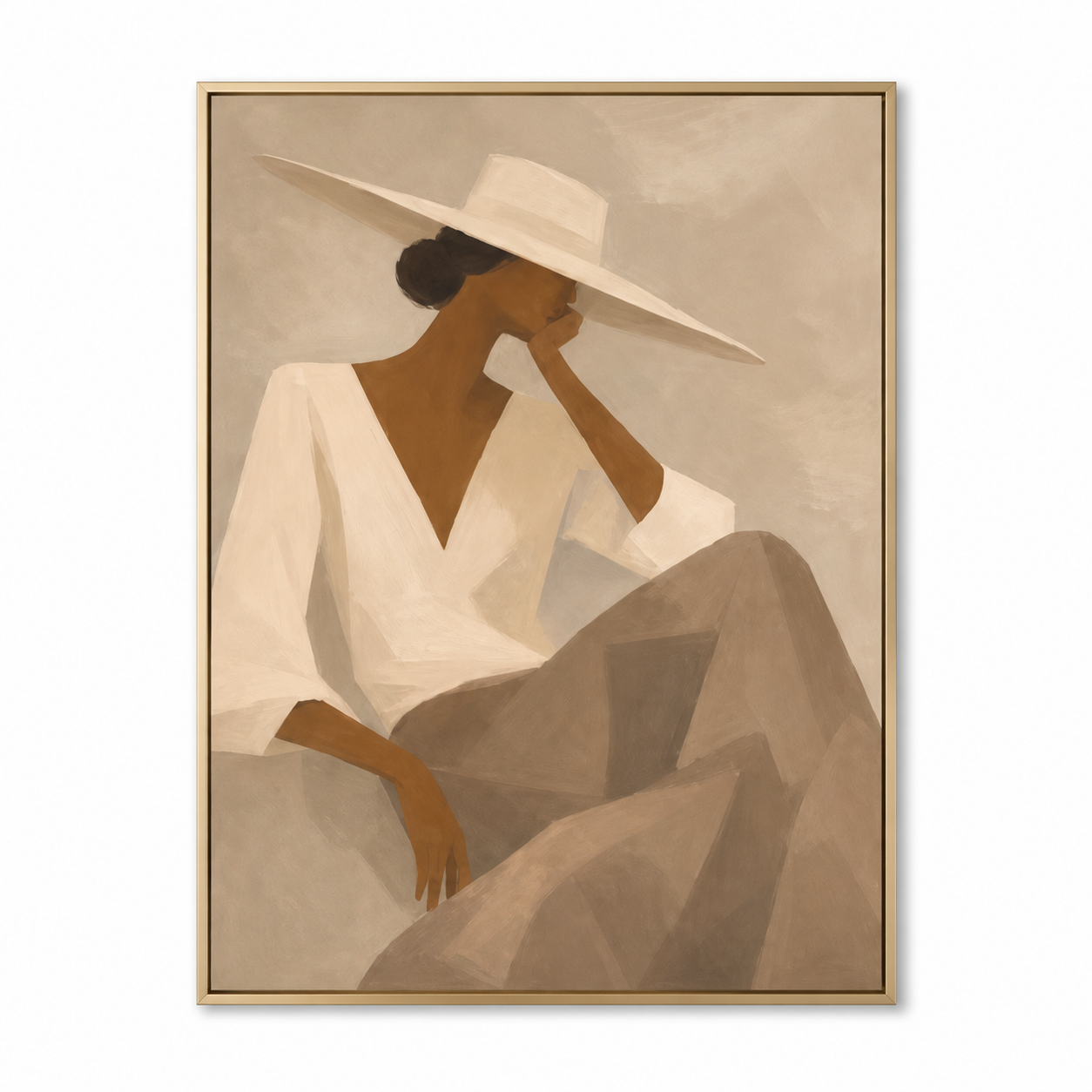 Tuscan Breeze - Minimalist Seated Woman in White V-Neck Canvas