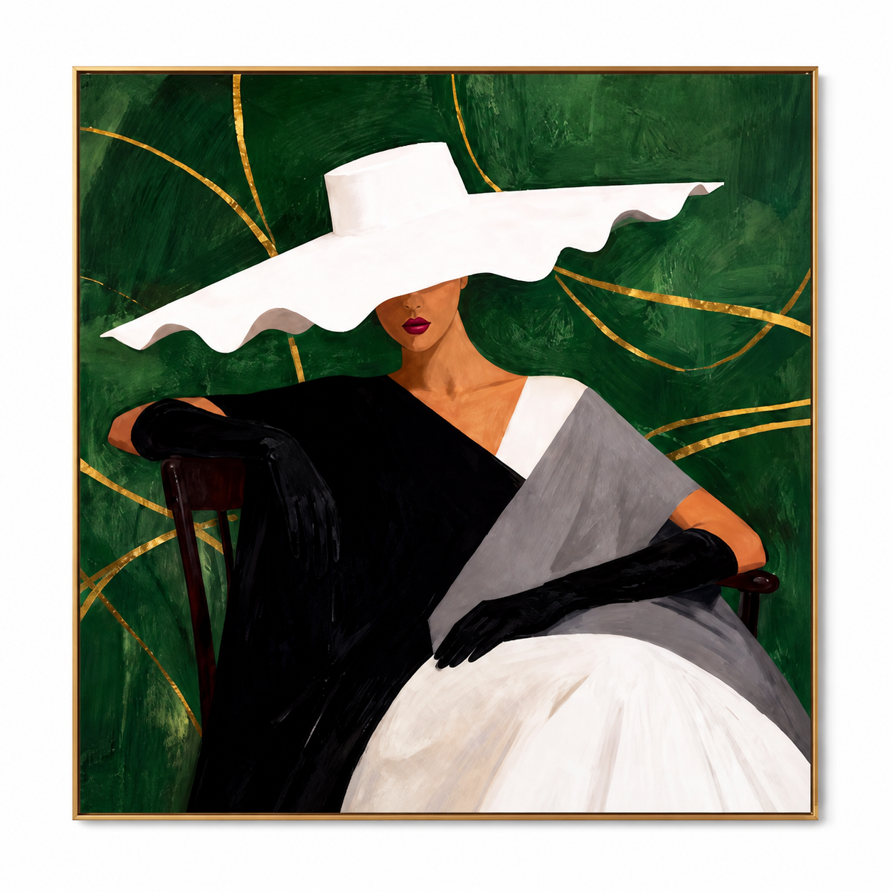 Emerald Empress - Wavy White Hat & Gold Foliage Canvas