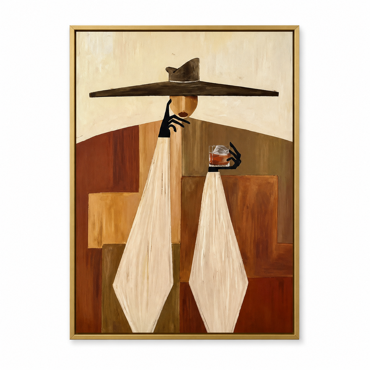 Terracotta Harmony - Geometric Earth Tones Lady with Cocktail Painting