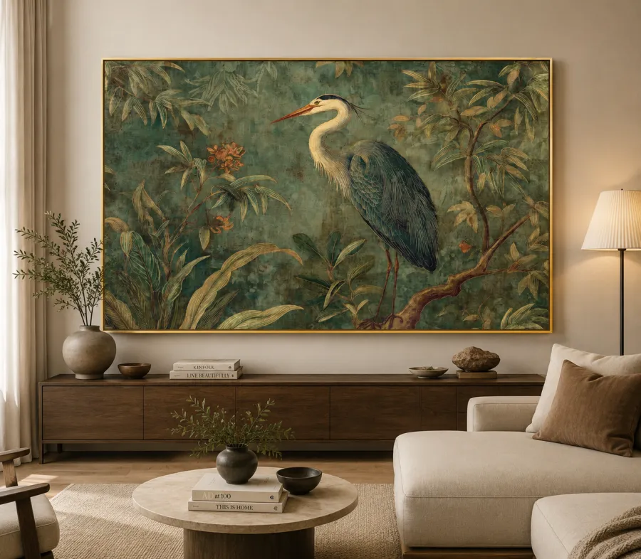 Tropical Heron in Emerald Jungle - Vintage Chinoiserie Botanical Canvas Art