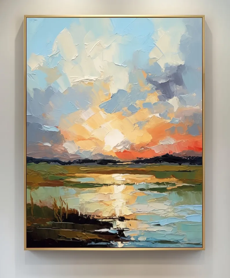 Golden Horizon - Modern Sunset Landscape Heavy Impasto Canvas Art