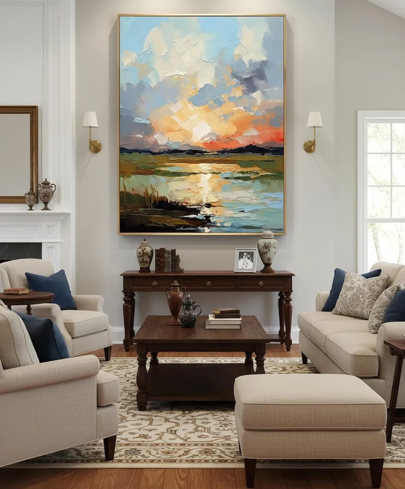 Golden Horizon - Modern Sunset Landscape Heavy Impasto Canvas Art