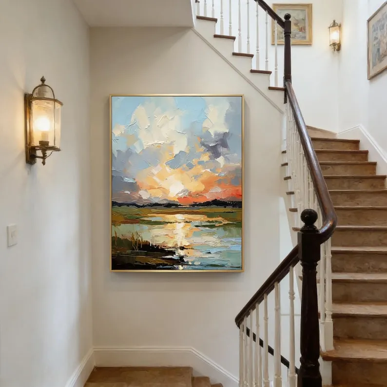Golden Horizon - Modern Sunset Landscape Heavy Impasto Canvas Art