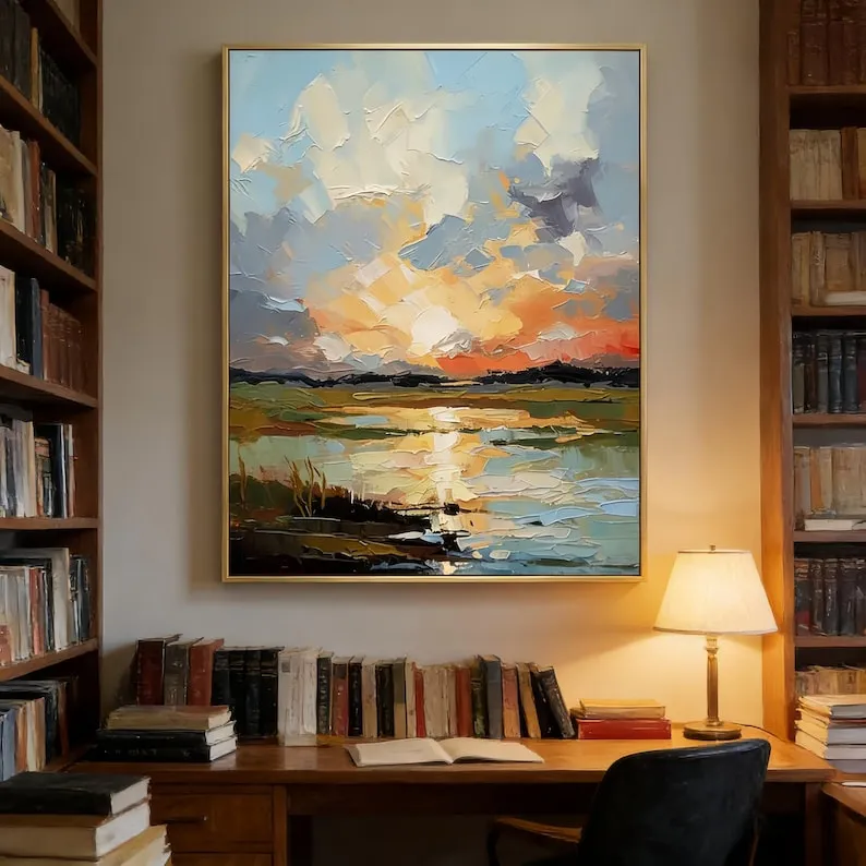 Golden Horizon - Modern Sunset Landscape Heavy Impasto Canvas Art