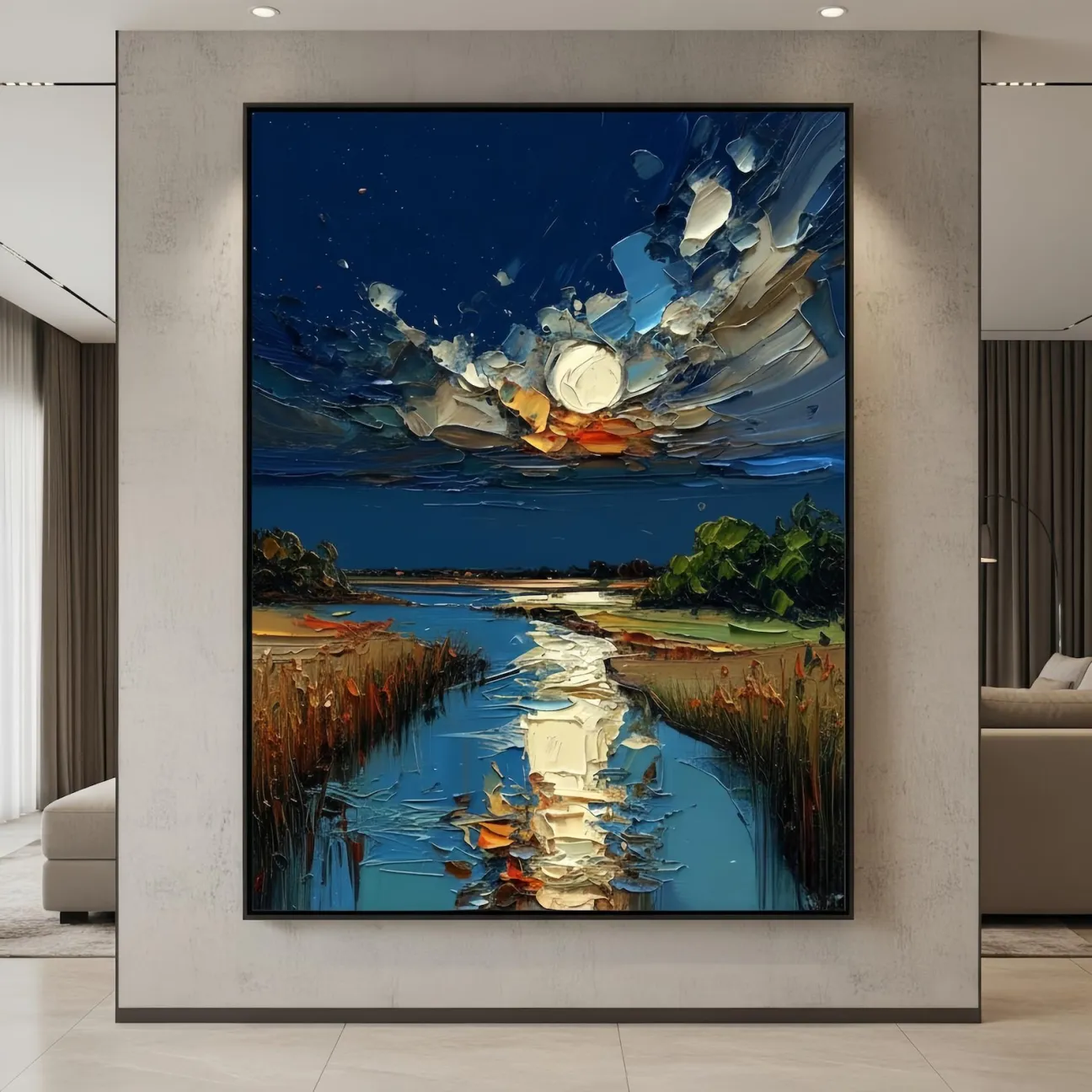 Moonlight River - Heavy Impasto Night River & Moon Canvas Art