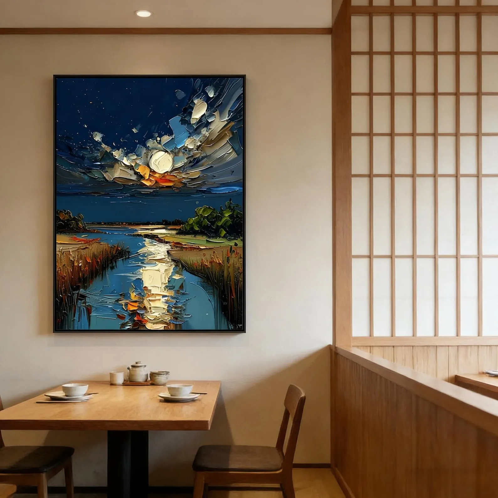 Moonlight River - Heavy Impasto Night River & Moon Canvas Art