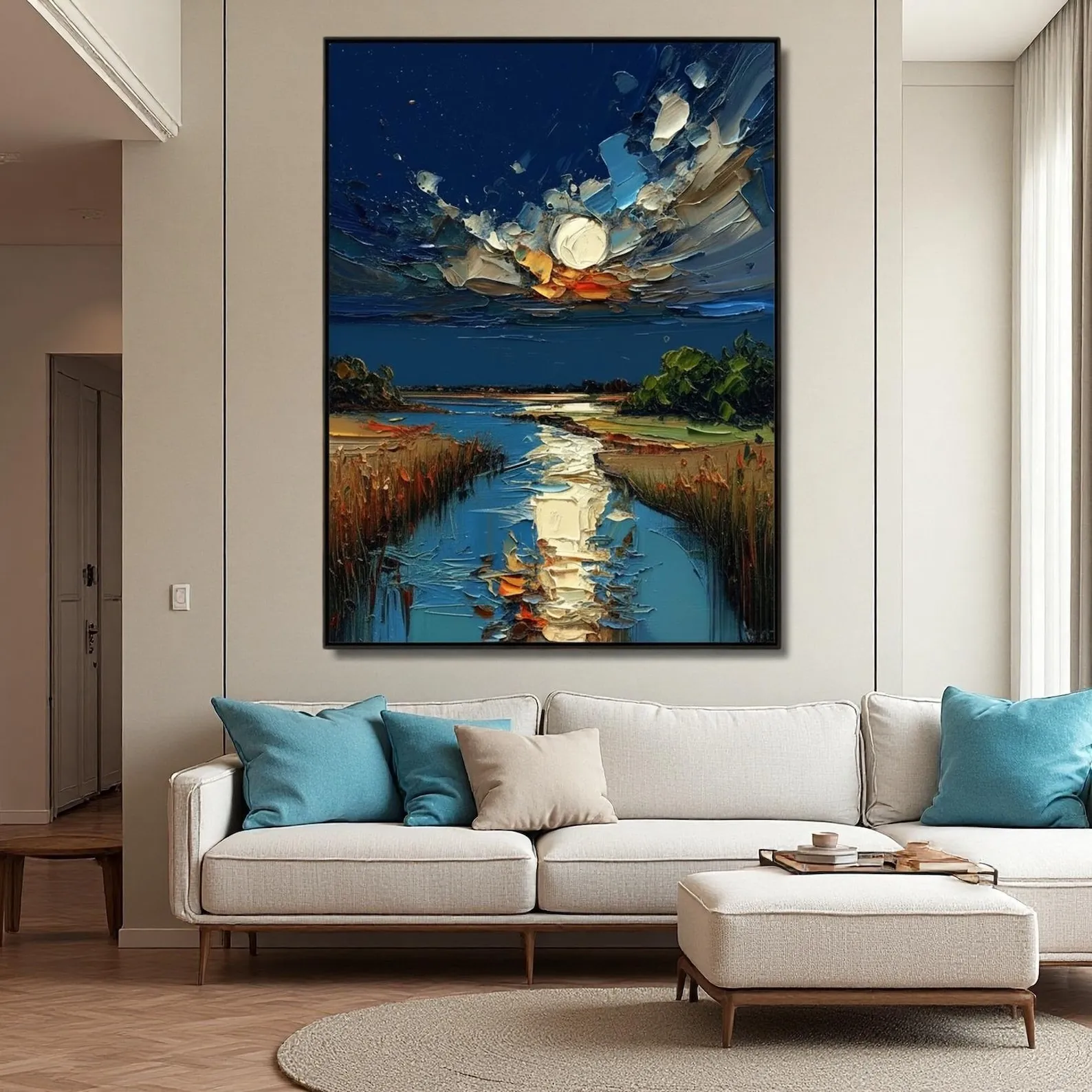 Moonlight River - Heavy Impasto Night River & Moon Canvas Art