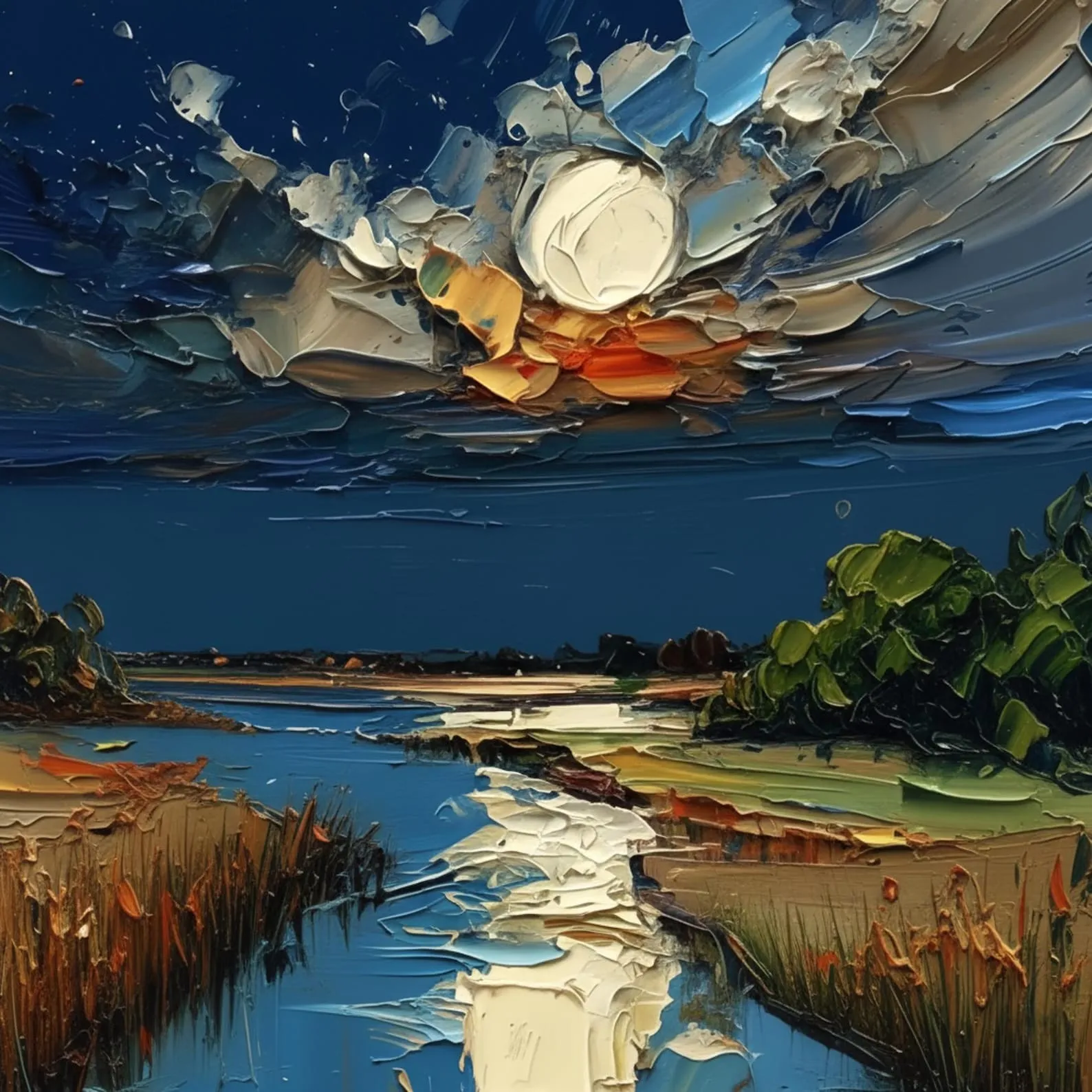Moonlight River - Heavy Impasto Night River & Moon Canvas Art