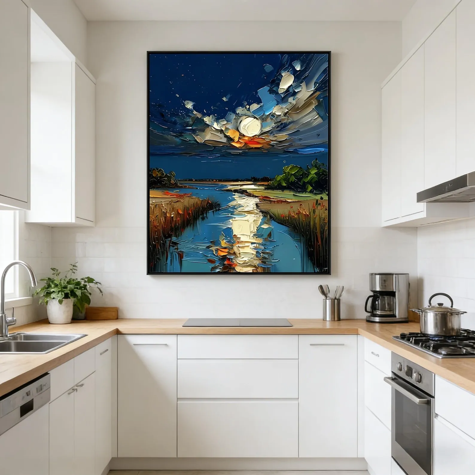 Moonlight River - Heavy Impasto Night River & Moon Canvas Art
