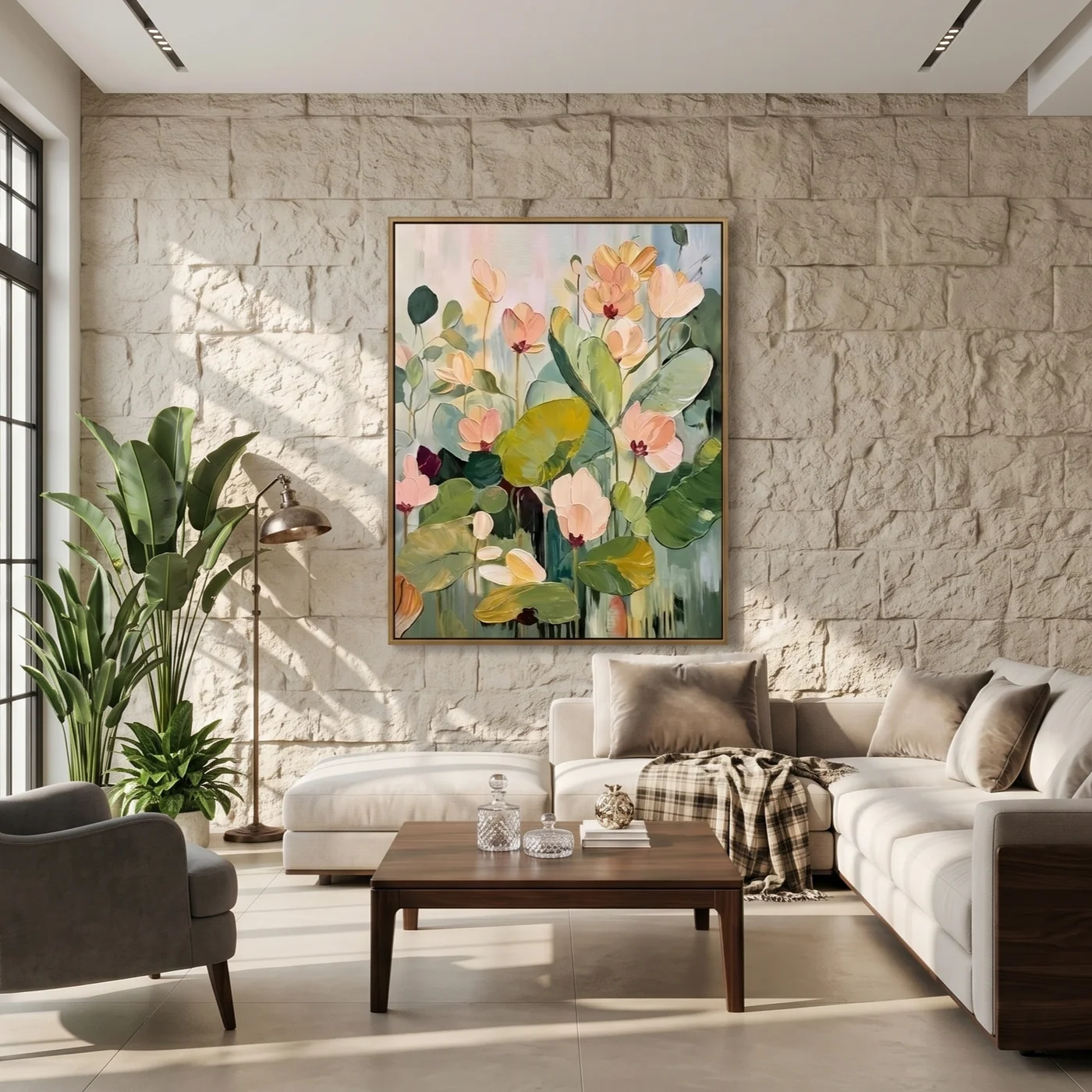 Blush Petals Rising - Peach Floral Garden Oil Painting