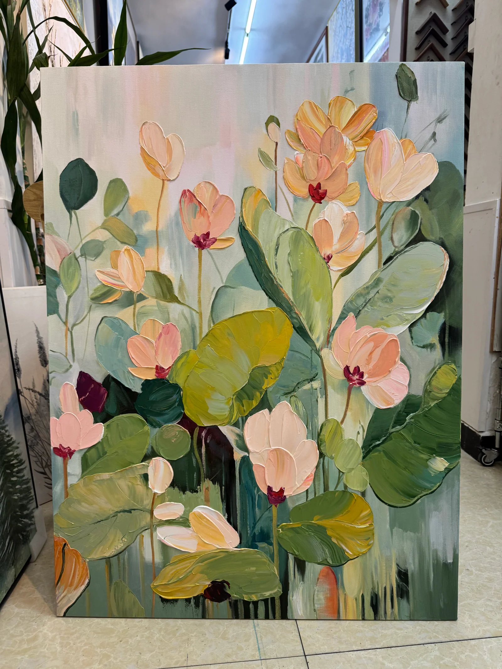 Blush Petals Rising - Peach Floral Garden Oil Painting