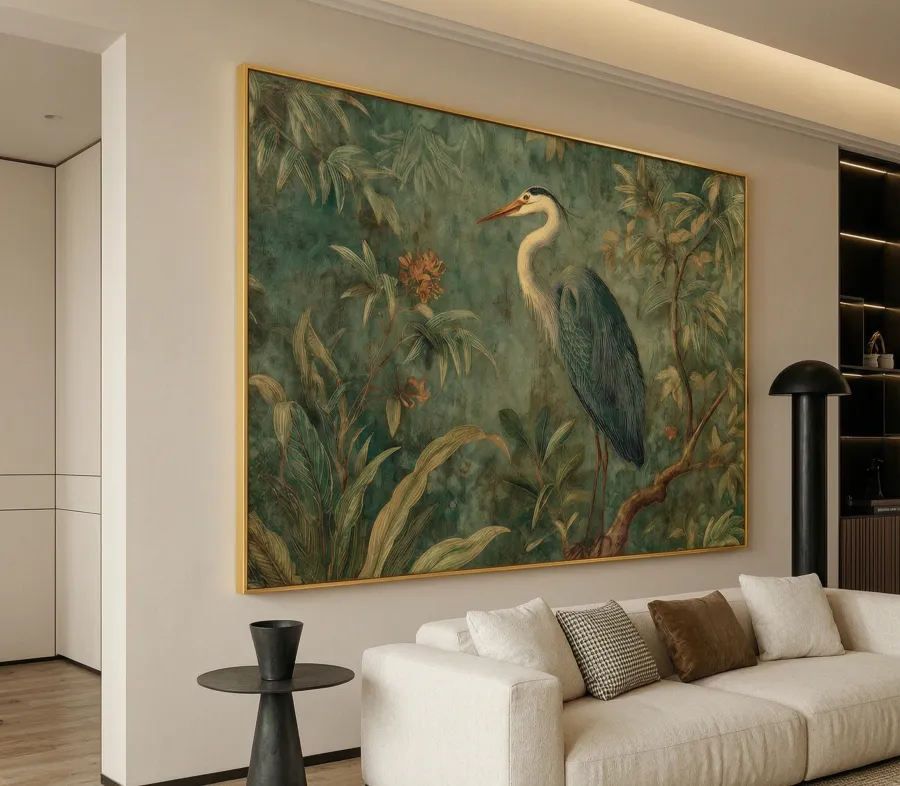 Tropical Heron in Emerald Jungle - Vintage Chinoiserie Botanical Canvas Art