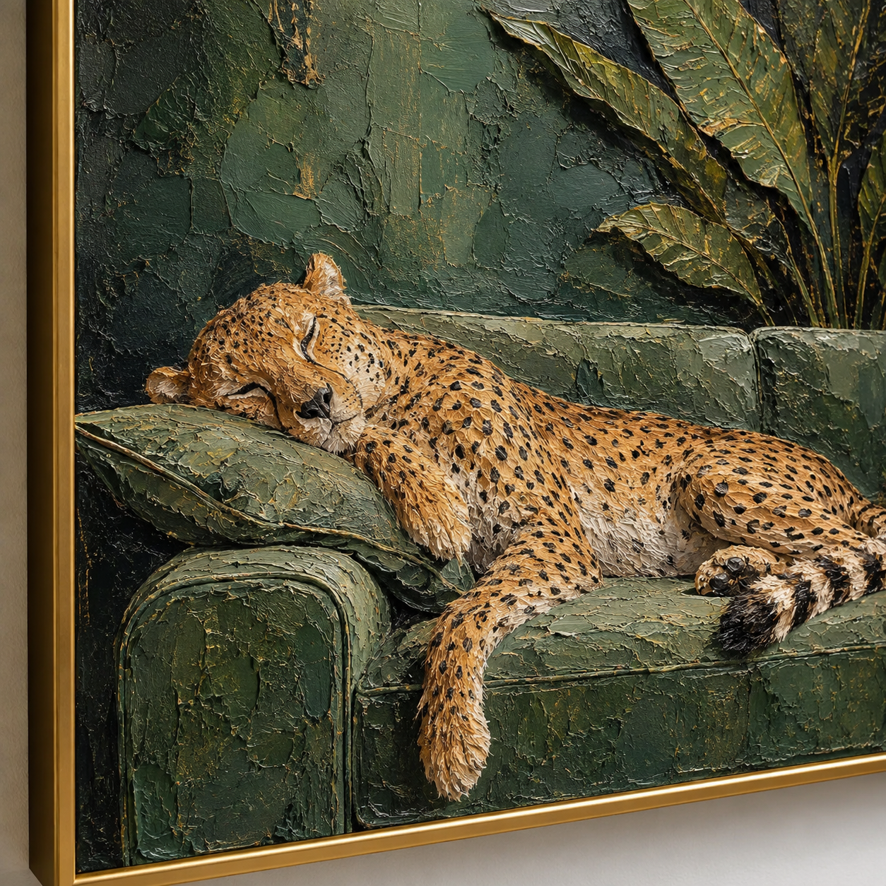 Emerald Nap - Cheetah Resting on Velvet Sofa Oil Painting
