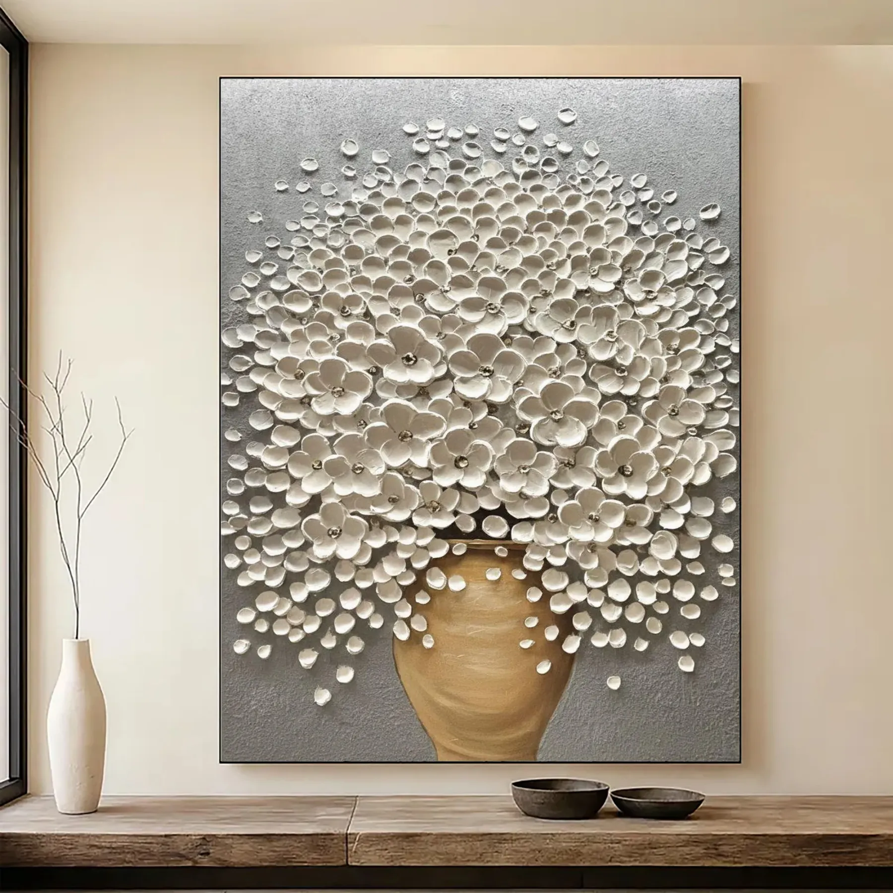 Floral Cascade - 3D Impasto White Blossom in Terracotta Vase Canvas Art