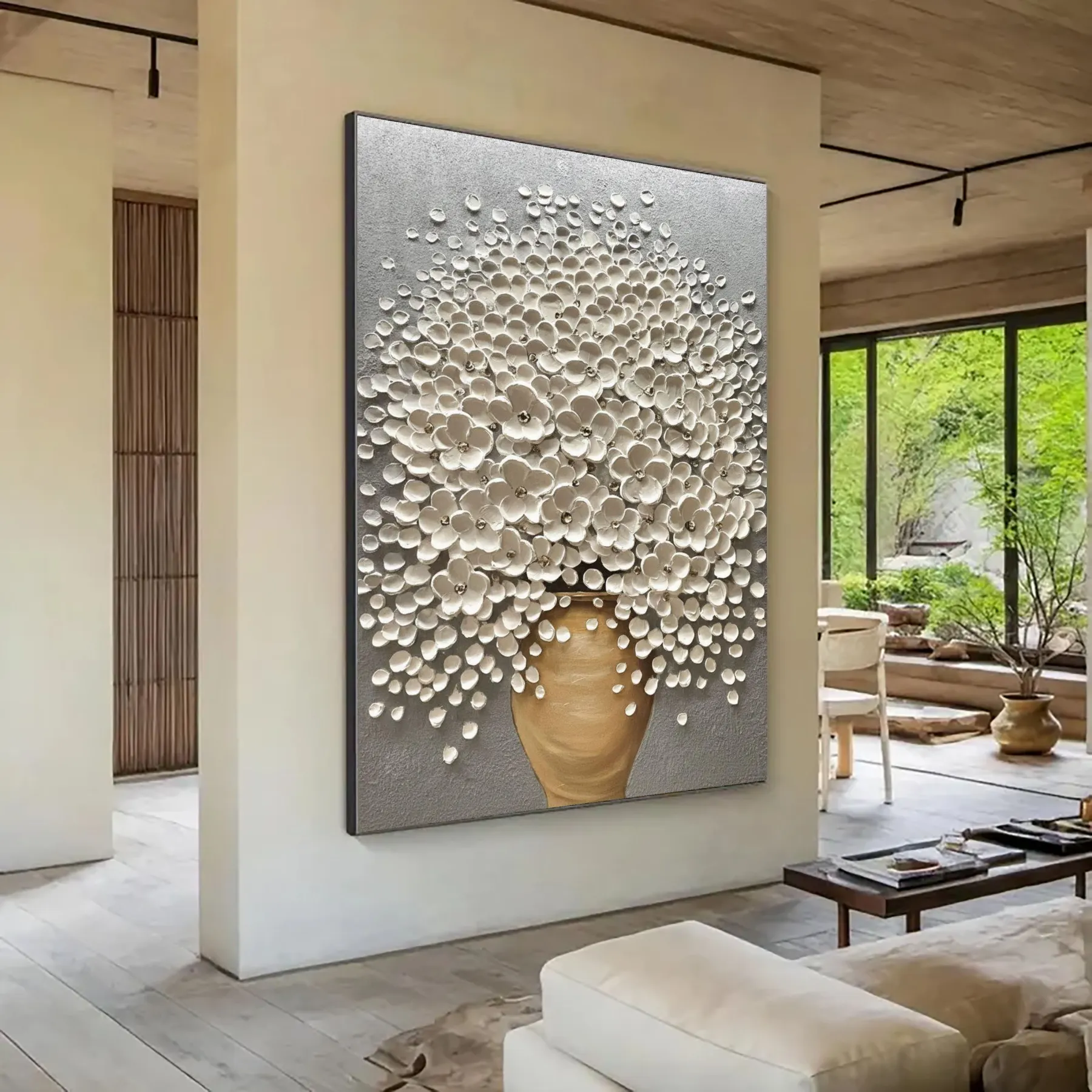 Floral Cascade - 3D Impasto White Blossom in Terracotta Vase Canvas Art