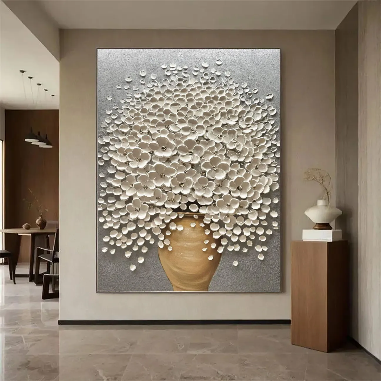Floral Cascade - 3D Impasto White Blossom in Terracotta Vase Canvas Art