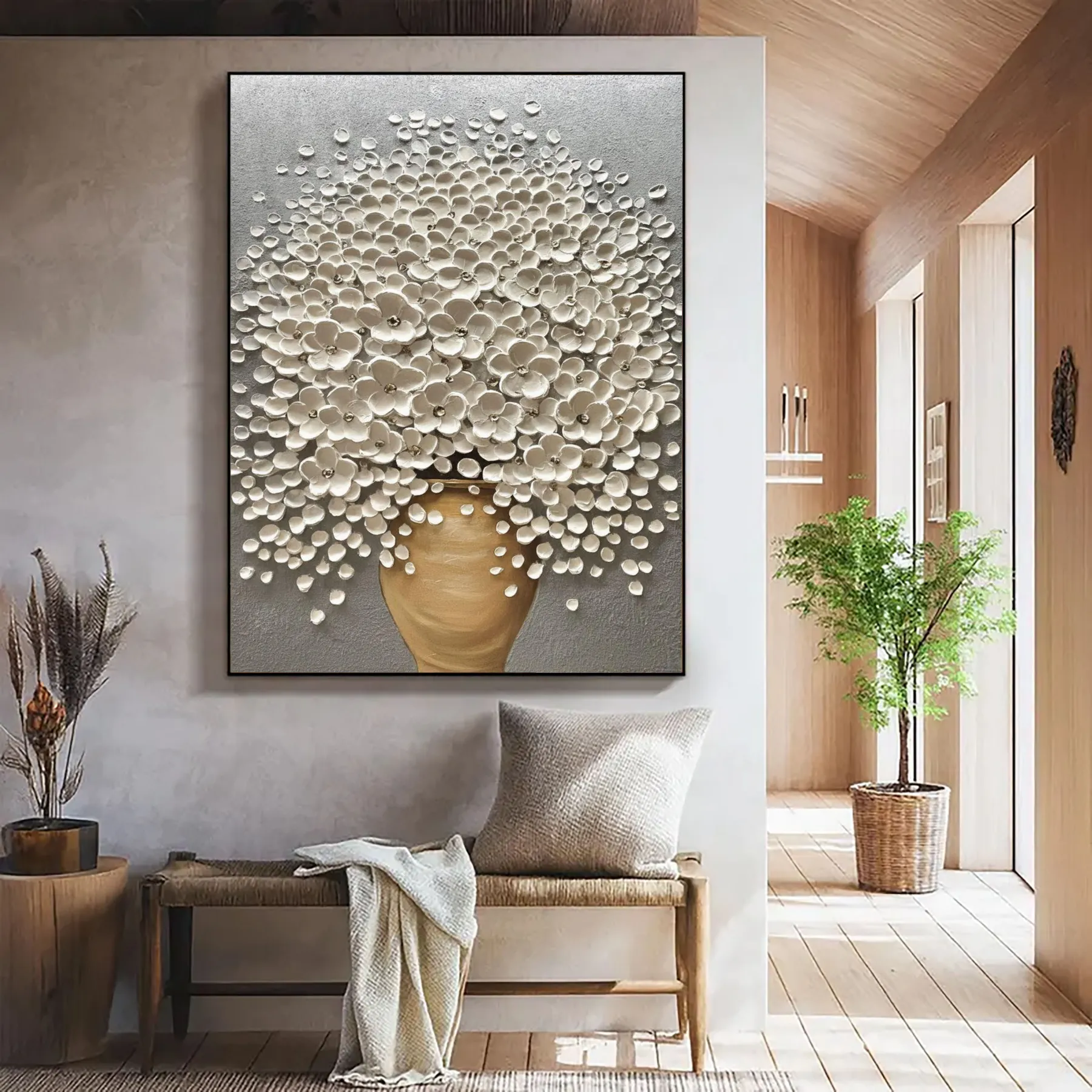 Floral Cascade - 3D Impasto White Blossom in Terracotta Vase Canvas Art