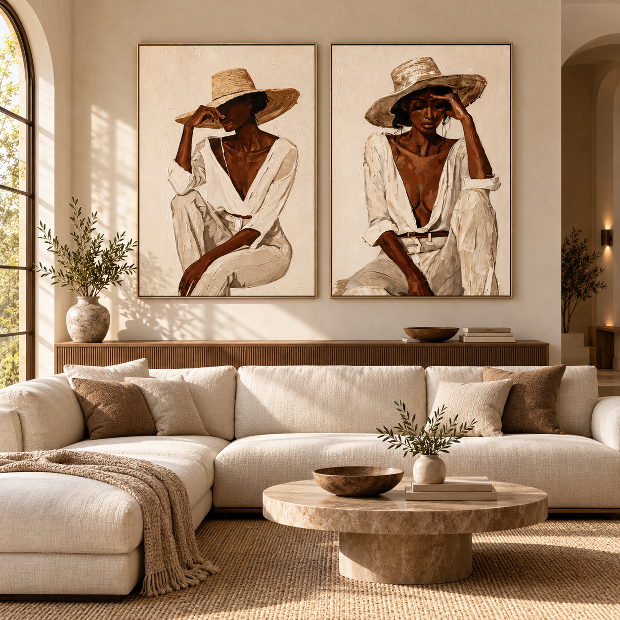 Sun-Drenched Poise - Chic Woman in Straw Hat & White Shirt Canvas Diptych