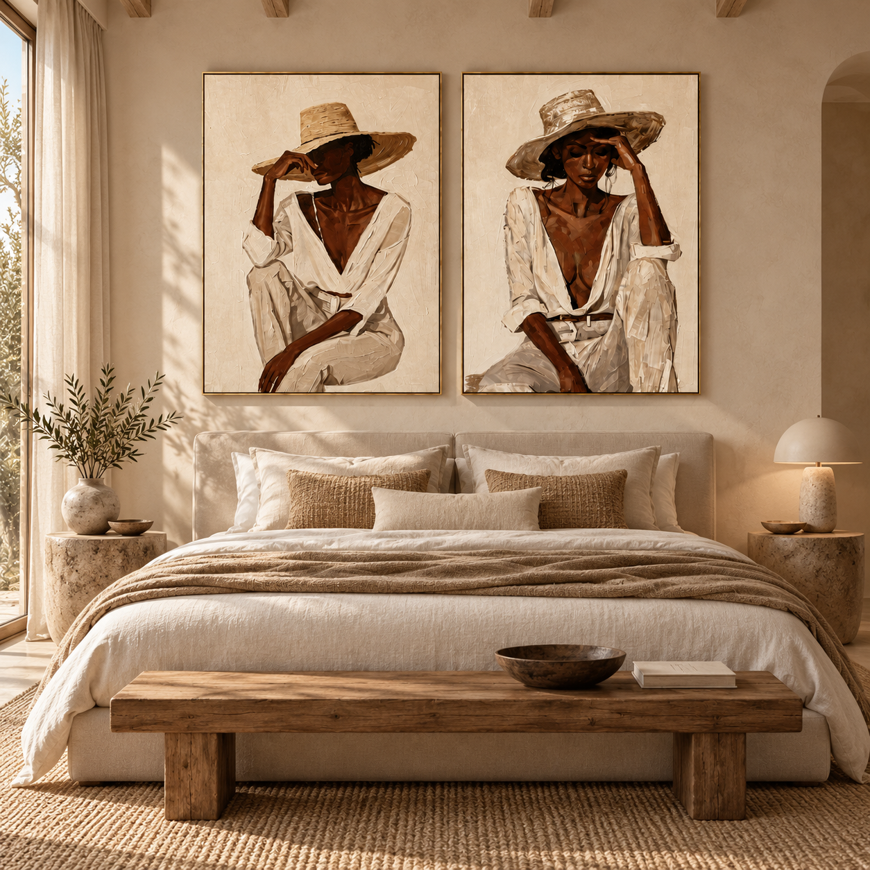 Sun-Drenched Poise - Chic Woman in Straw Hat & White Shirt Canvas Diptych