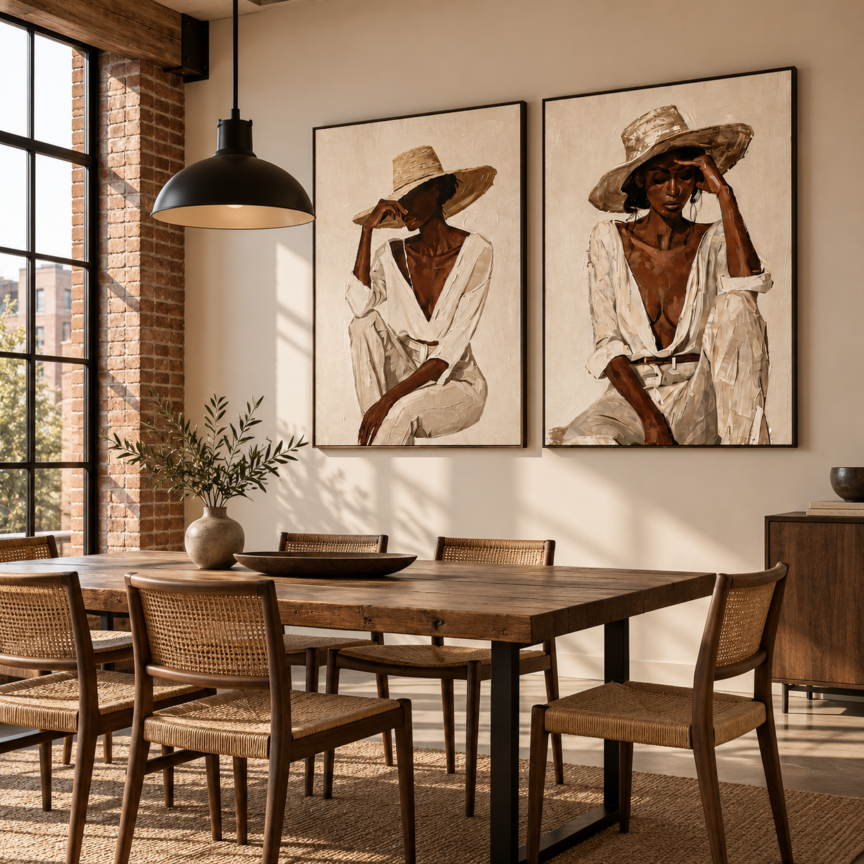 Sun-Drenched Poise - Chic Woman in Straw Hat & White Shirt Canvas Diptych