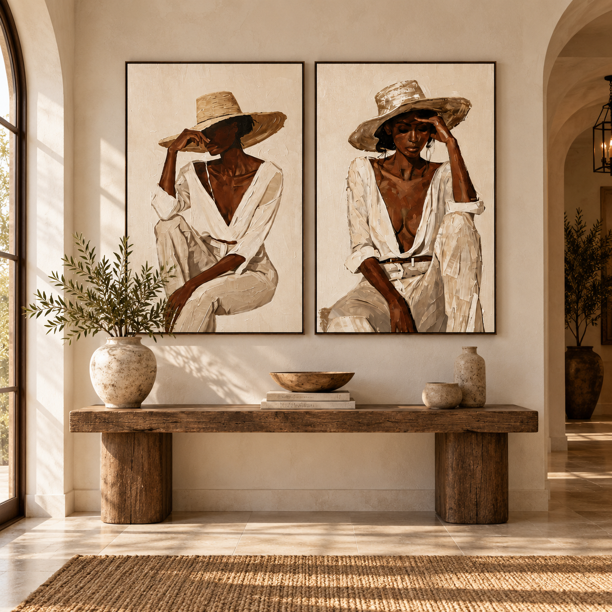 Sun-Drenched Poise - Chic Woman in Straw Hat & White Shirt Canvas Diptych