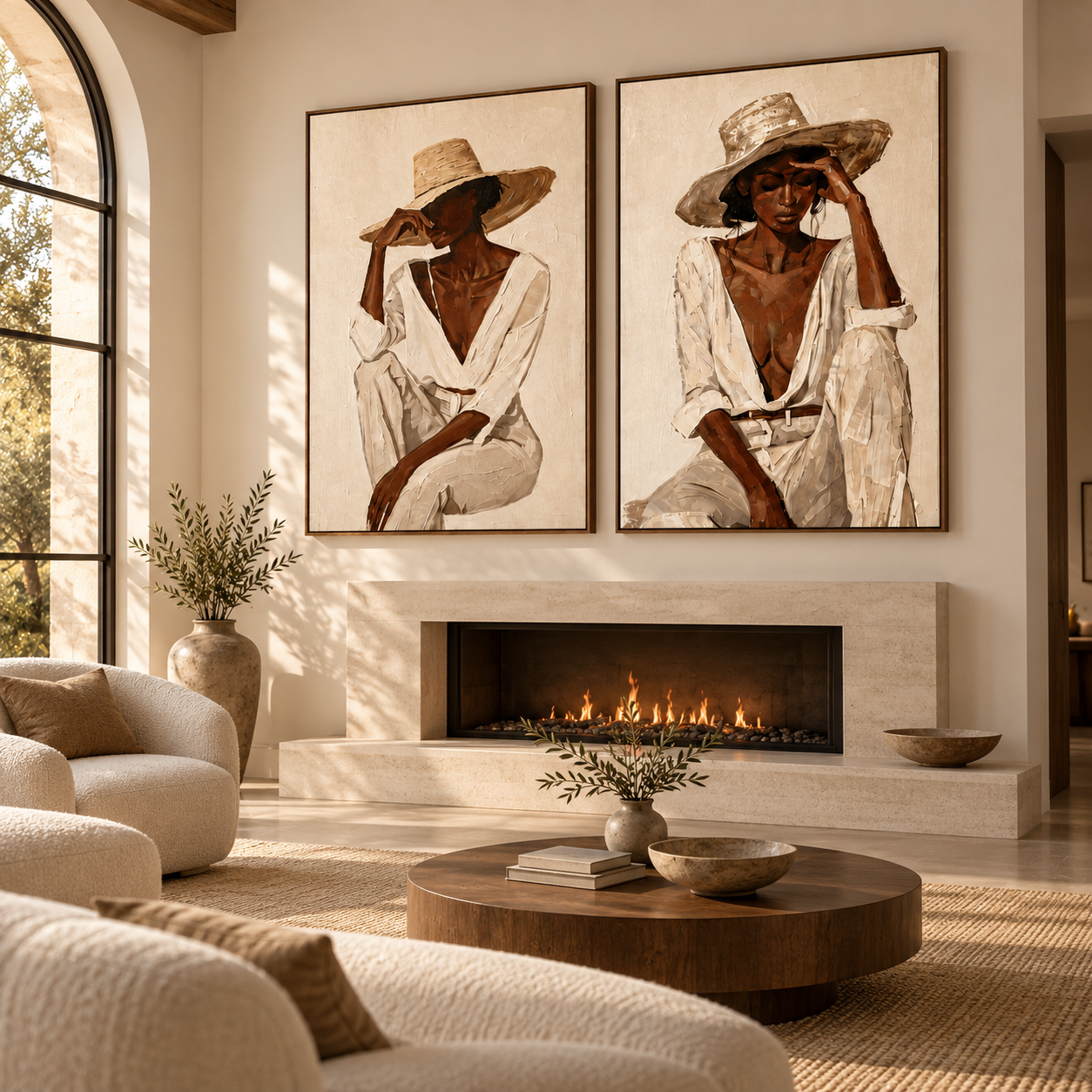 Sun-Drenched Poise - Chic Woman in Straw Hat & White Shirt Canvas Diptych