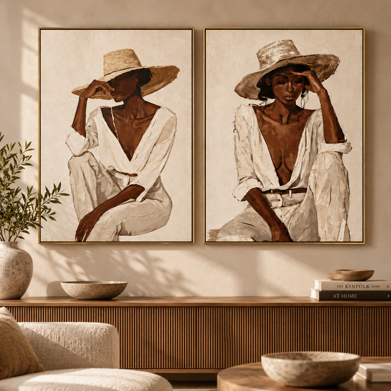 Sun-Drenched Poise - Chic Woman in Straw Hat & White Shirt Canvas Diptych