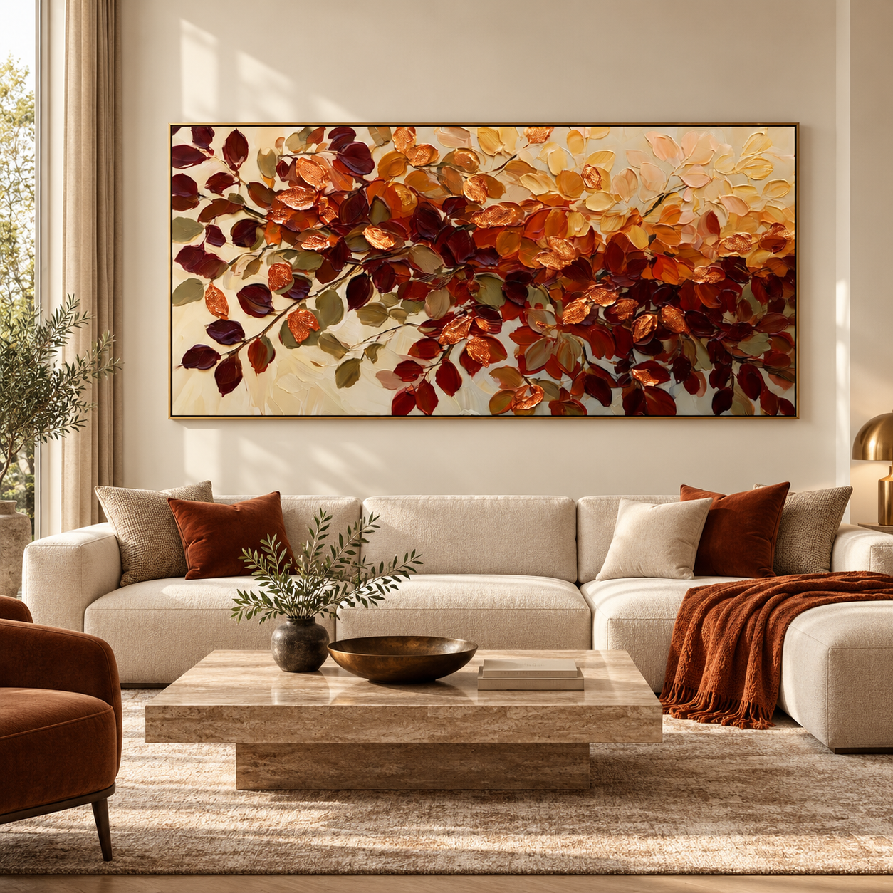 Autumn Cascade - Terracotta & Warm Amber Leaves Heavy Impasto Canvas Art