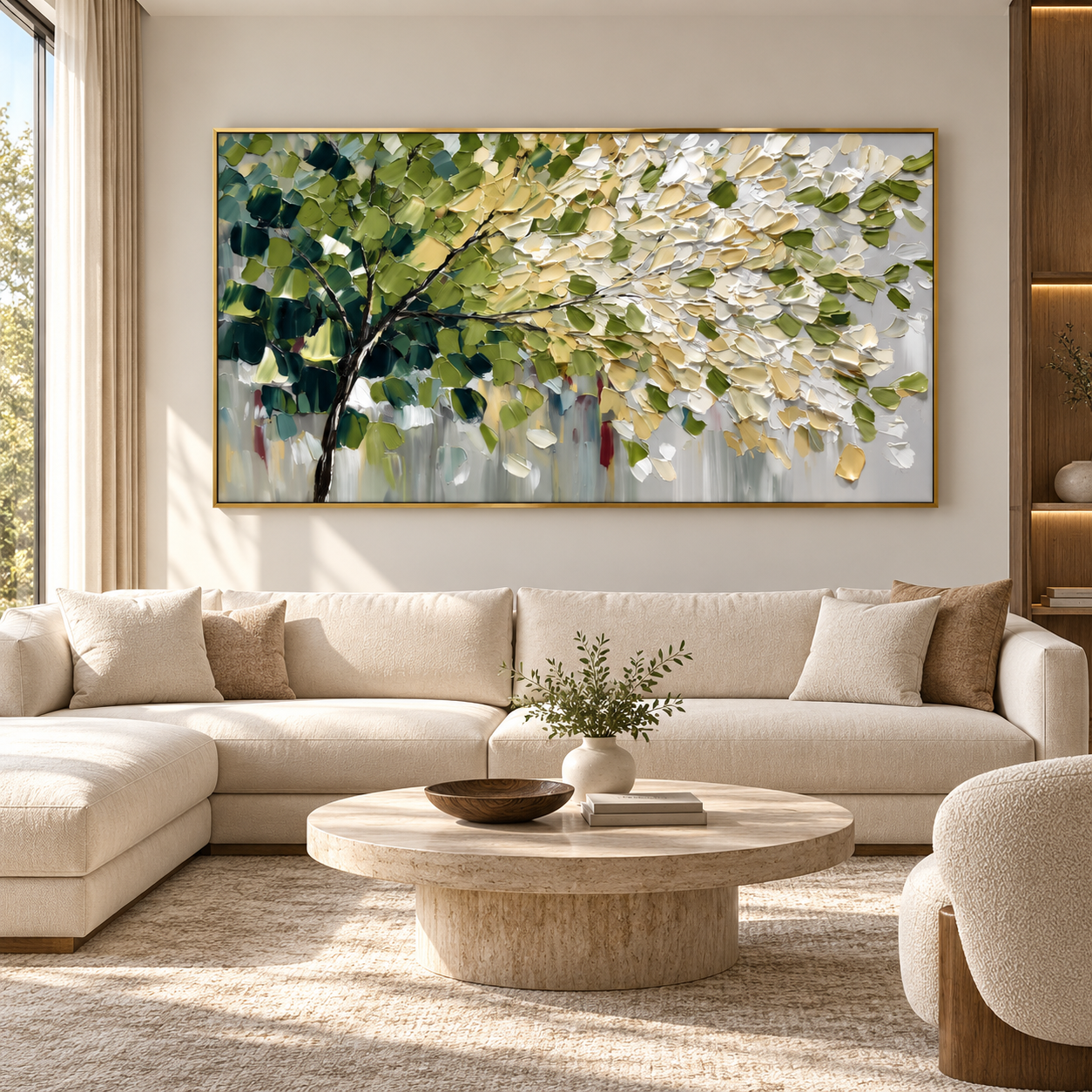Canopy of Gold - Vibrant Green & Gold Leaf Tree 3D Impasto Canvas Art