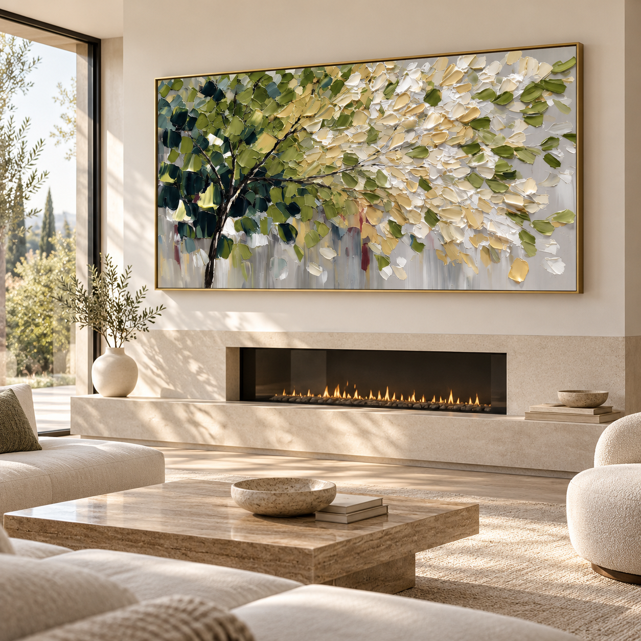 Canopy of Gold - Vibrant Green & Gold Leaf Tree 3D Impasto Canvas Art
