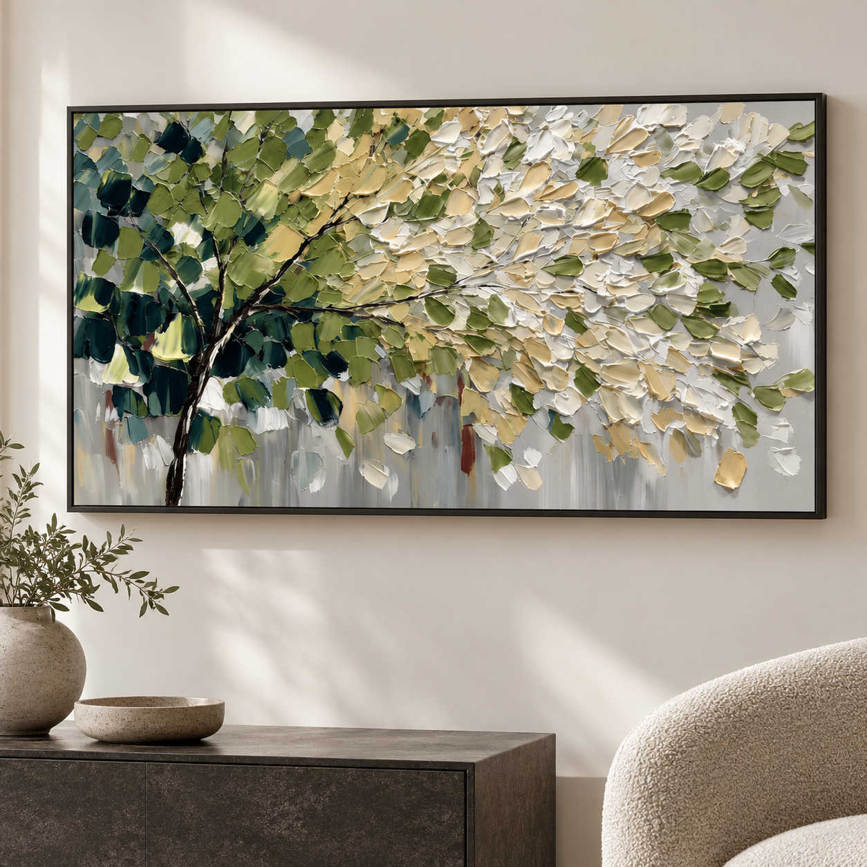 Canopy of Gold - Vibrant Green & Gold Leaf Tree 3D Impasto Canvas Art