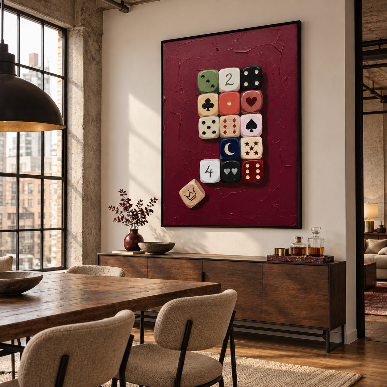 Crimson Game - Vintage Dice & Playing Card Symbols Impasto Canvas Art