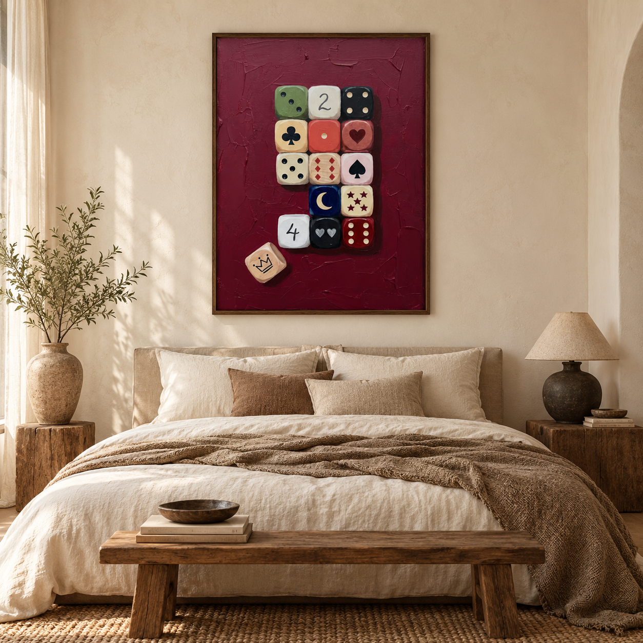 Crimson Game - Vintage Dice & Playing Card Symbols Impasto Canvas Art