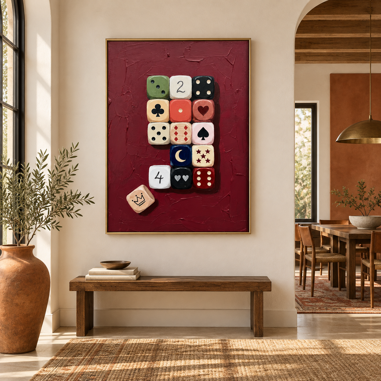 Crimson Game - Vintage Dice & Playing Card Symbols Impasto Canvas Art
