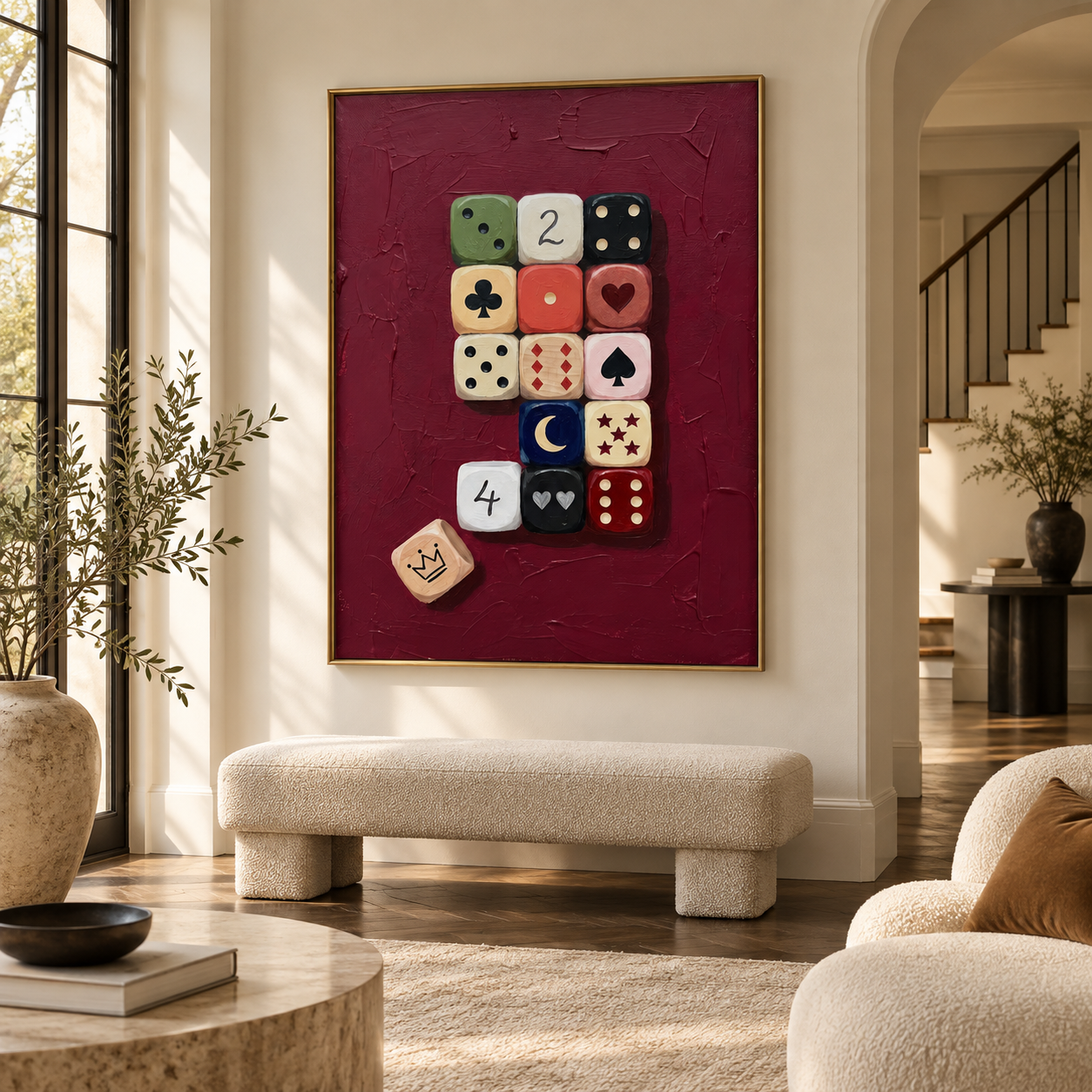 Crimson Game - Vintage Dice & Playing Card Symbols Impasto Canvas Art