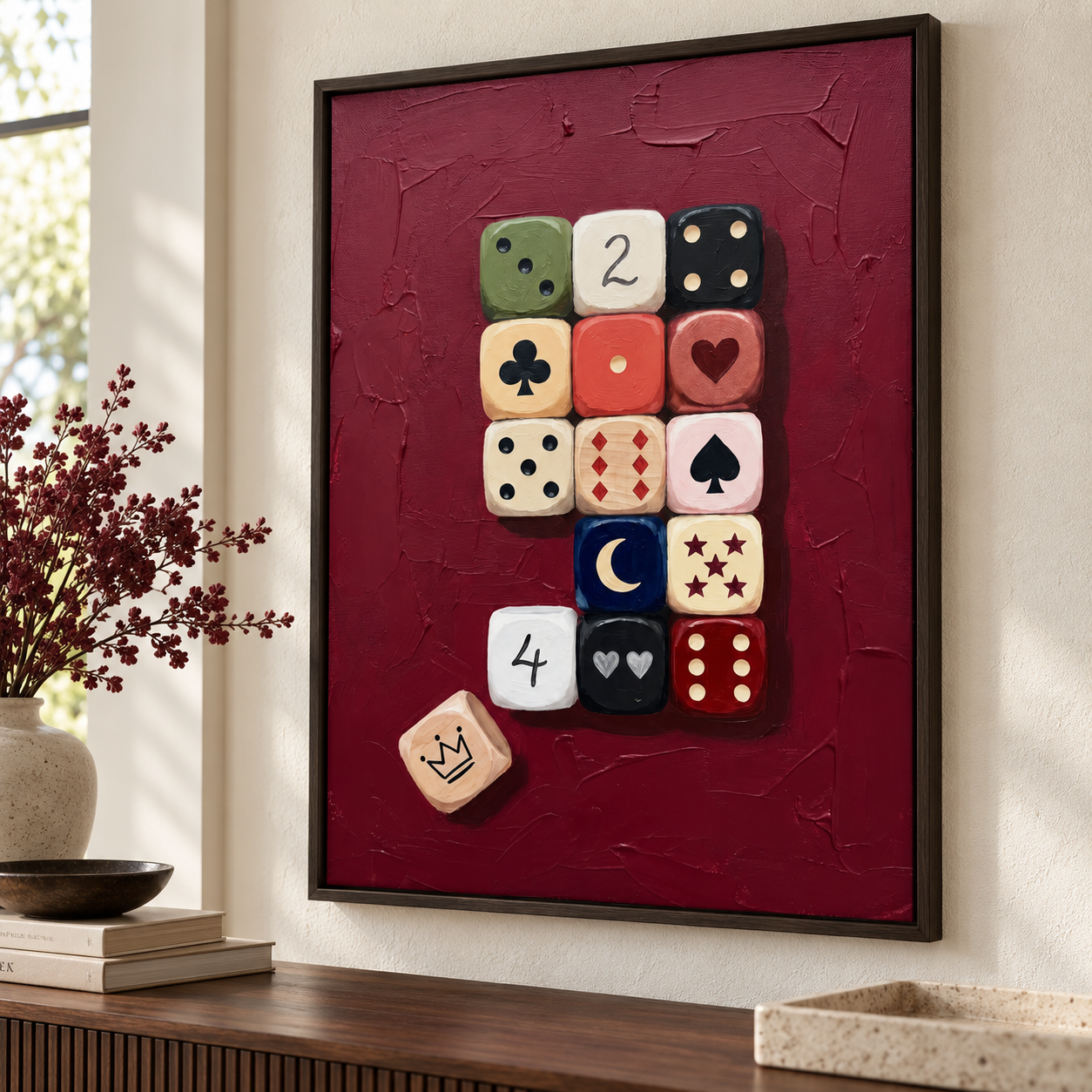 Crimson Game - Vintage Dice & Playing Card Symbols Impasto Canvas Art