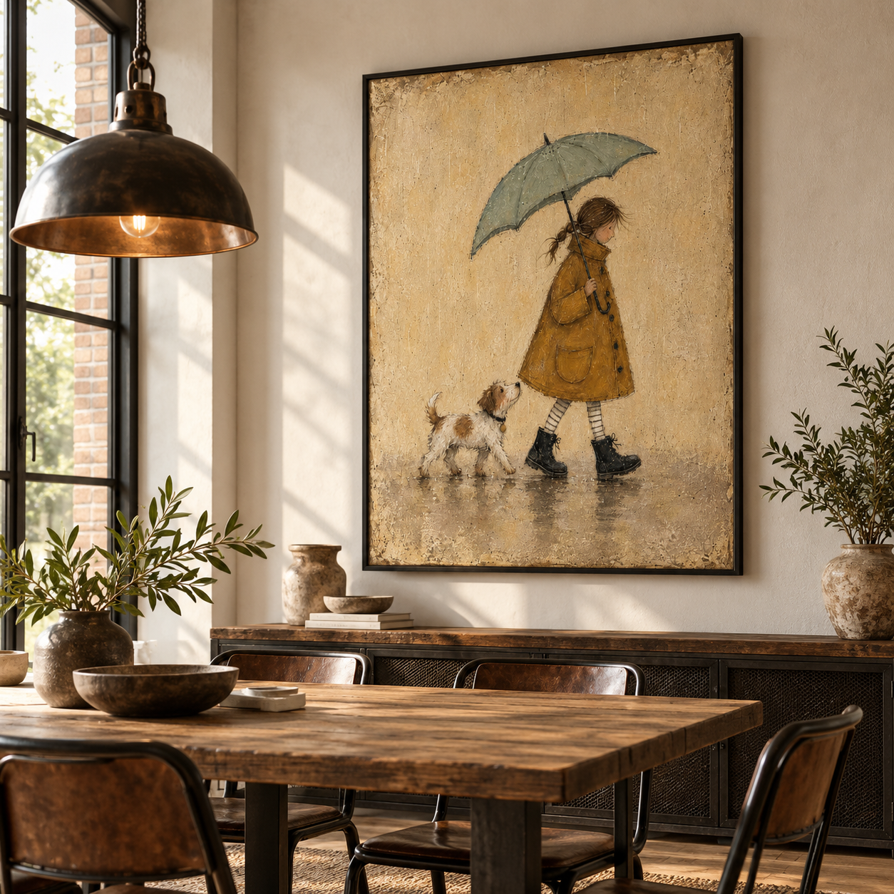 Rainy Walk - Girl with Umbrella & Dog Vintage Ochre Canvas Art