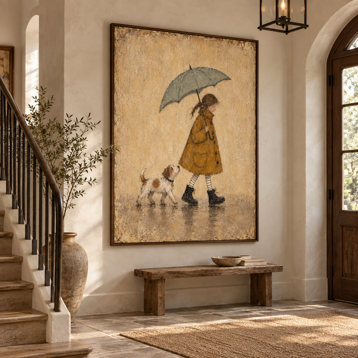 Rainy Walk - Girl with Umbrella & Dog Vintage Ochre Canvas Art