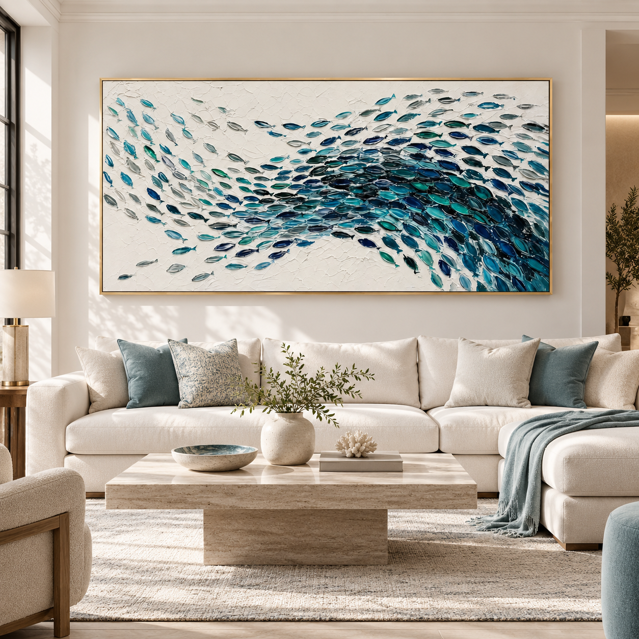 Oceanic Motion - Swarming Blue Fish School Heavy Impasto Canvas Art