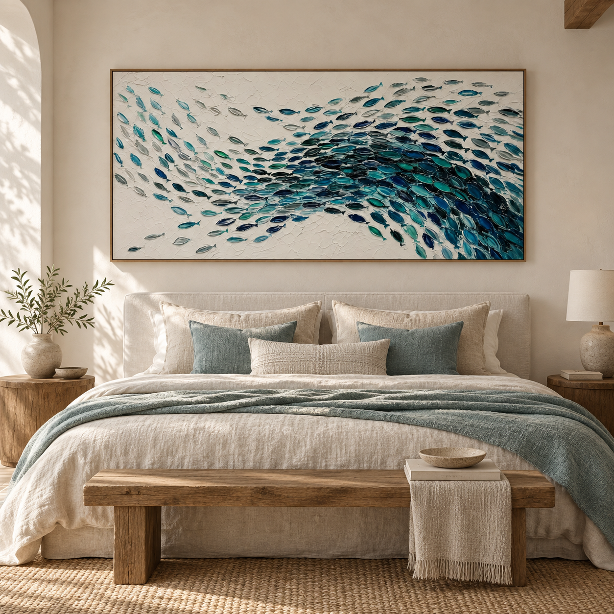 Oceanic Motion - Swarming Blue Fish School Heavy Impasto Canvas Art