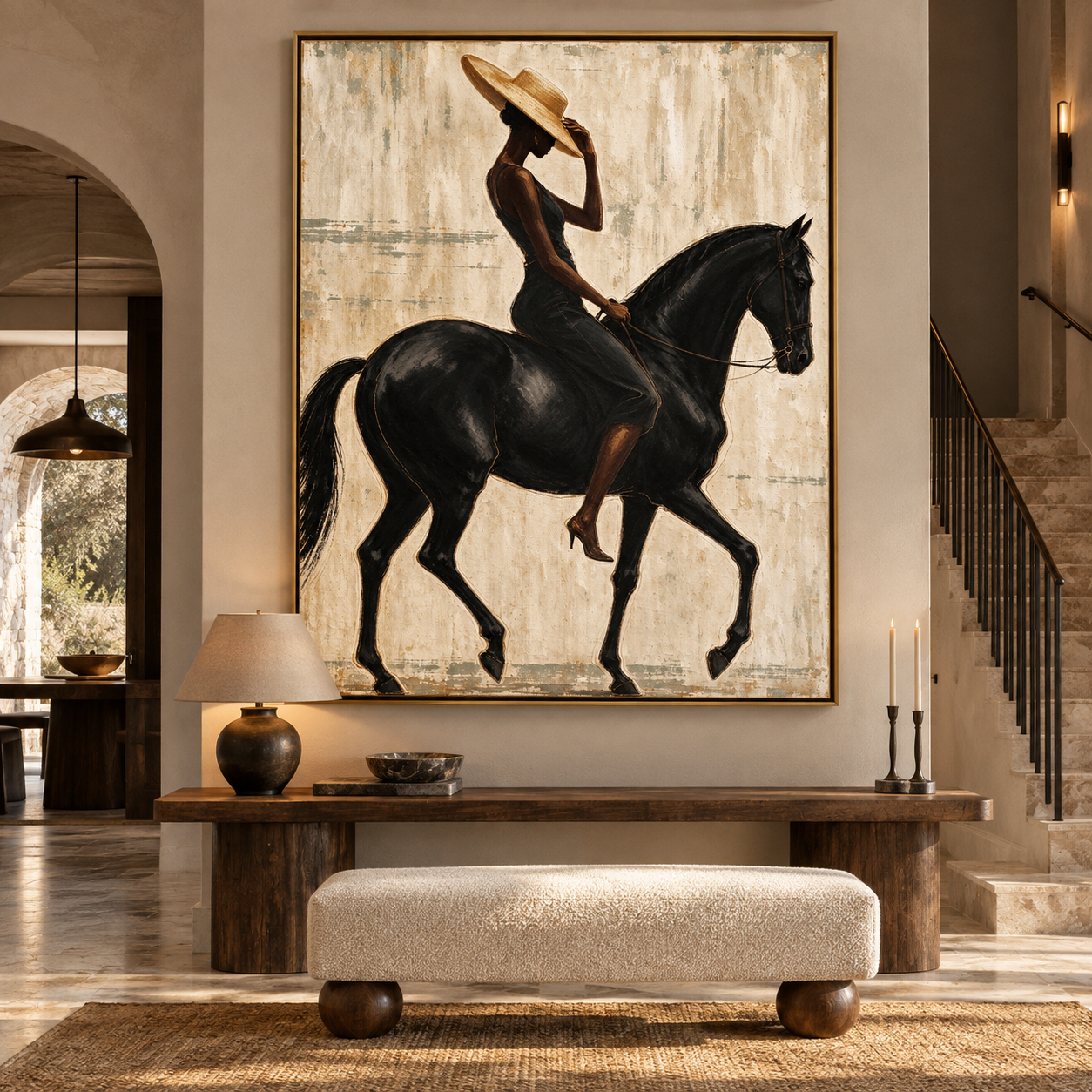Graceful Stride - Fashion Equestrian Woman on Black Horse Canvas Art