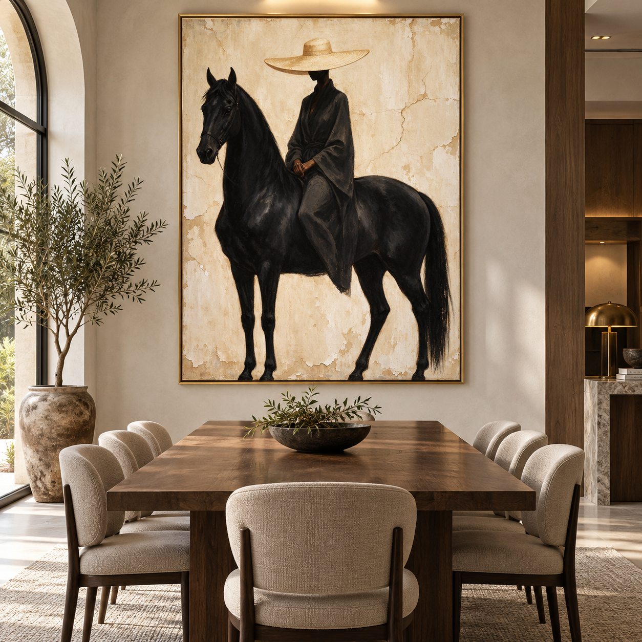 Quiet Majesty - Wabi-Sabi Woman in Robe & Black Horse Canvas Art