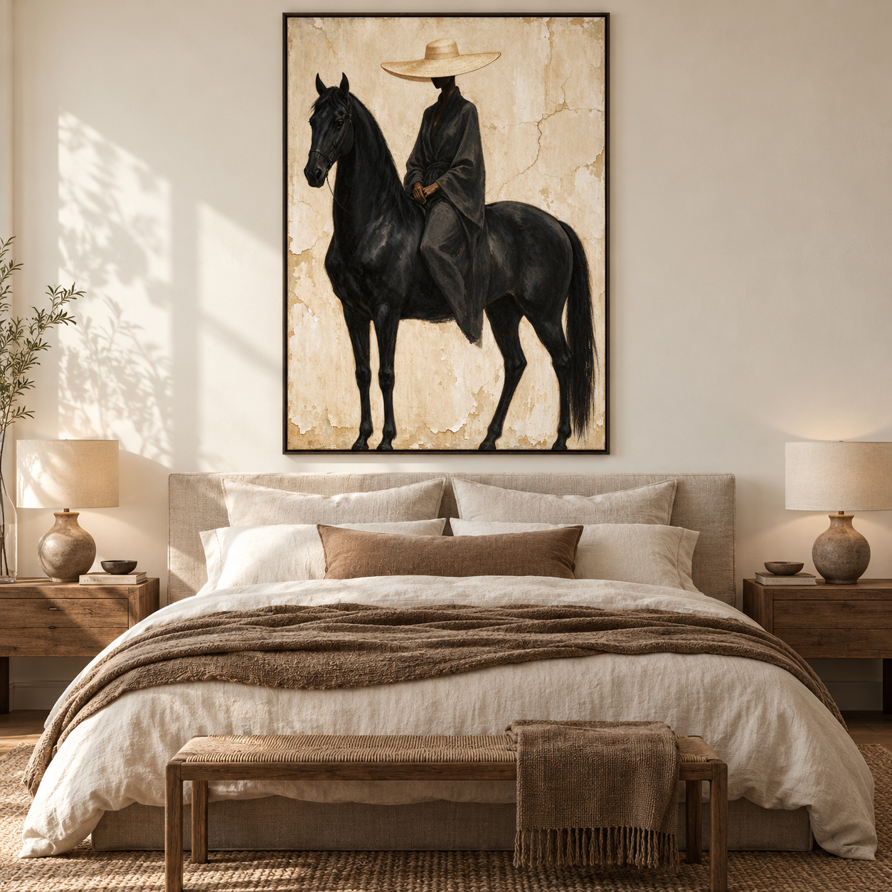 Quiet Majesty - Wabi-Sabi Woman in Robe & Black Horse Canvas Art