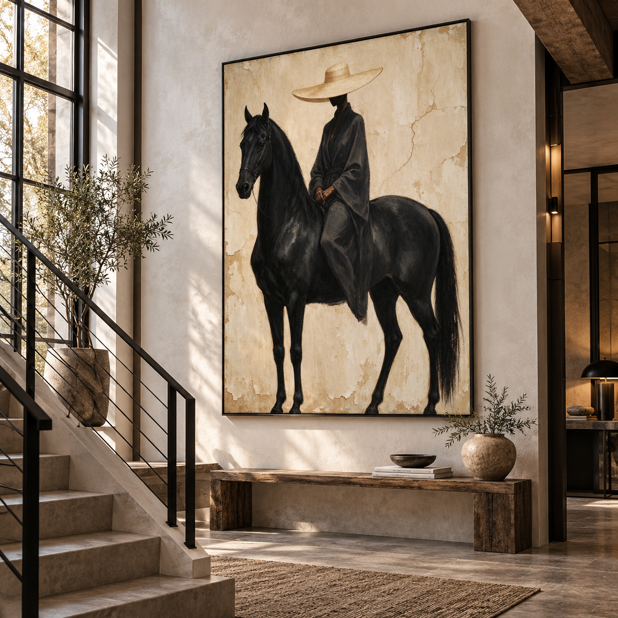 Quiet Majesty - Wabi-Sabi Woman in Robe & Black Horse Canvas Art
