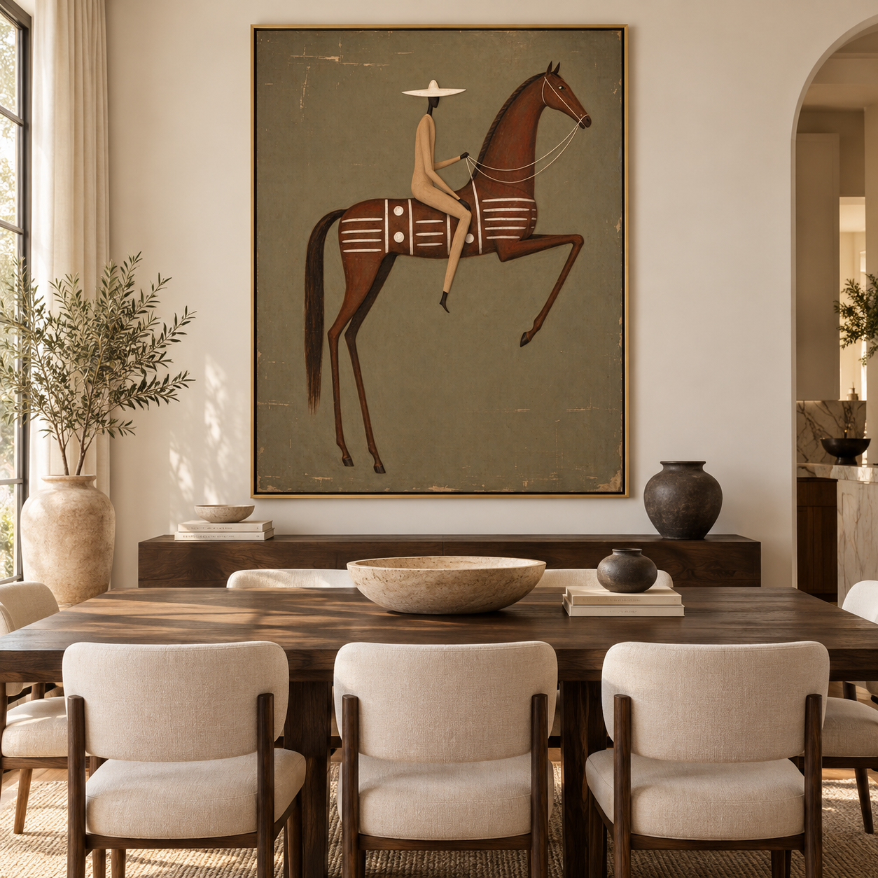 Minimalist Folk Rider - Abstract Geometric Horse & Rider Canvas Art