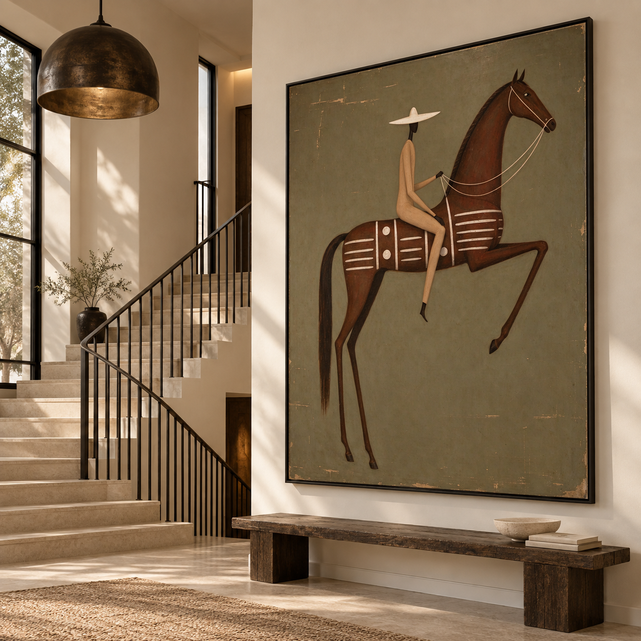 Minimalist Folk Rider - Abstract Geometric Horse & Rider Canvas Art