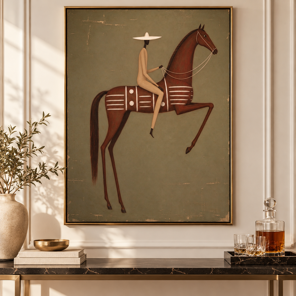 Minimalist Folk Rider - Abstract Geometric Horse & Rider Canvas Art