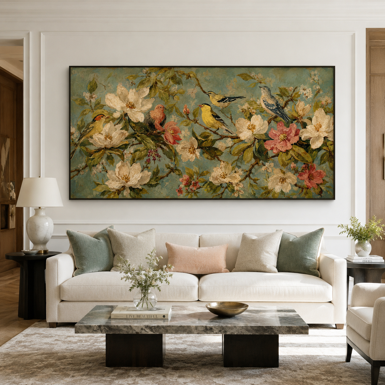 Spring Symphony - Birds & Blooming Magnolias Textured Canvas Art