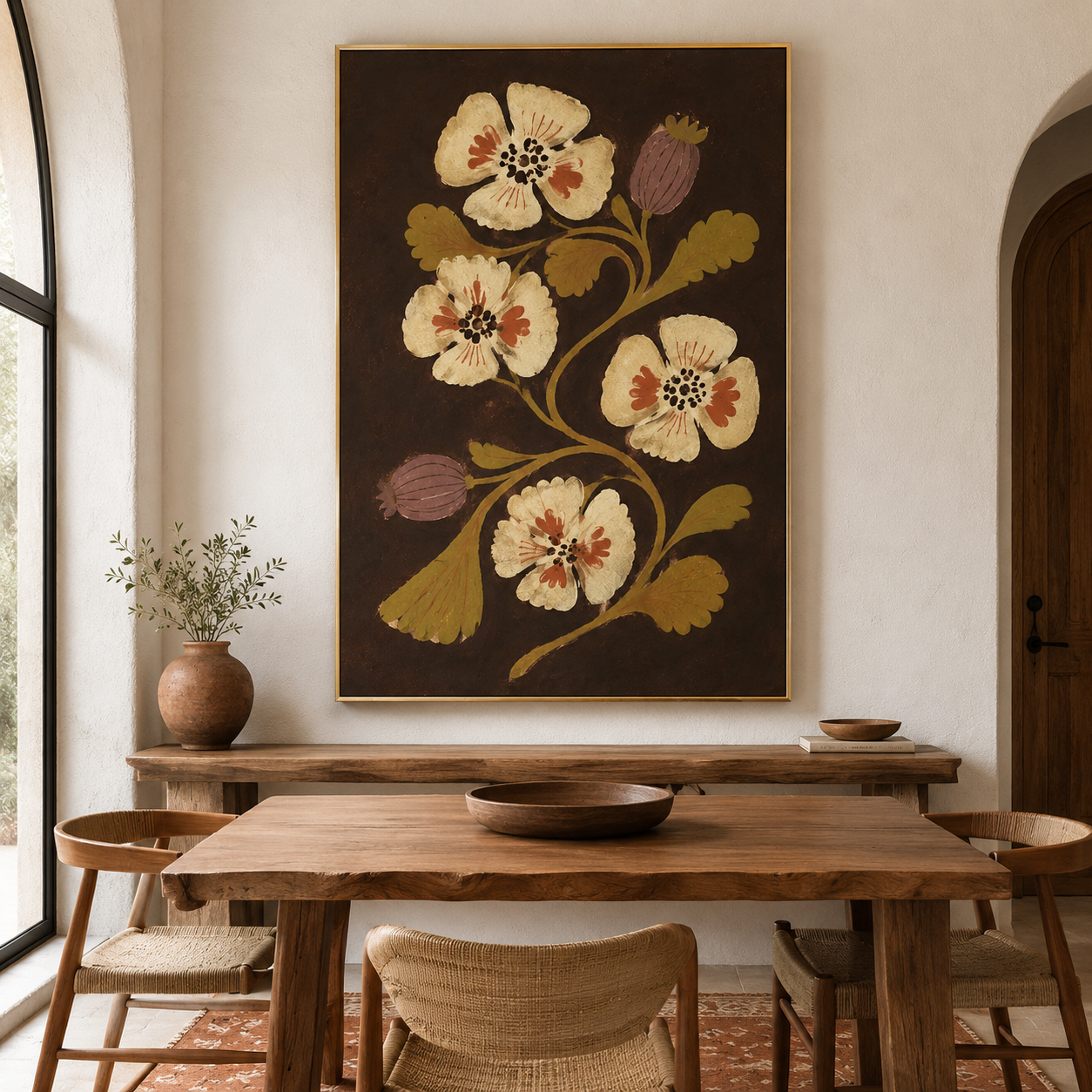 Earthy Blooms - Dark Vintage Folk Floral Textured Painting